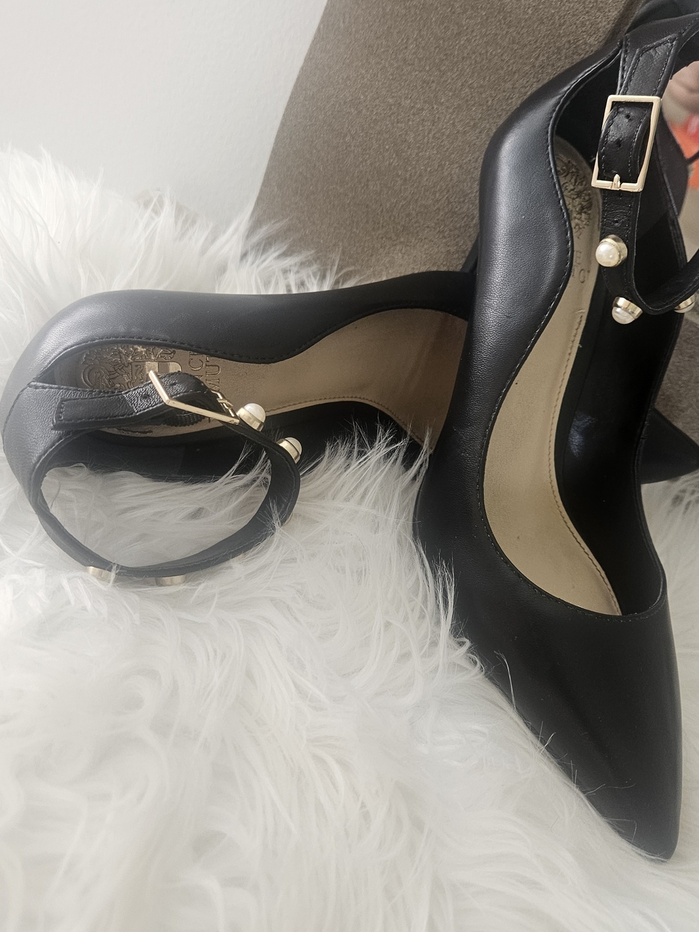 Vince Camuto Black Pointed-Toe Ankle-Strap Heels with Pearl Accents